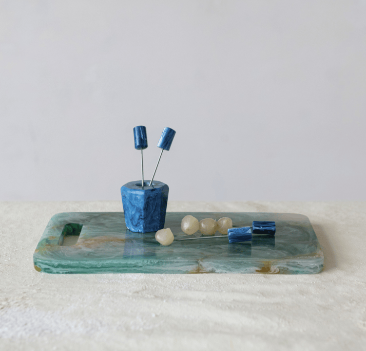 Creative Co-op Teal, White & Orange Marbled Resin Cheese/Serving Board with Gold Foil & Handle (Each One Will Vary) - Little Miss Muffin Children & Home