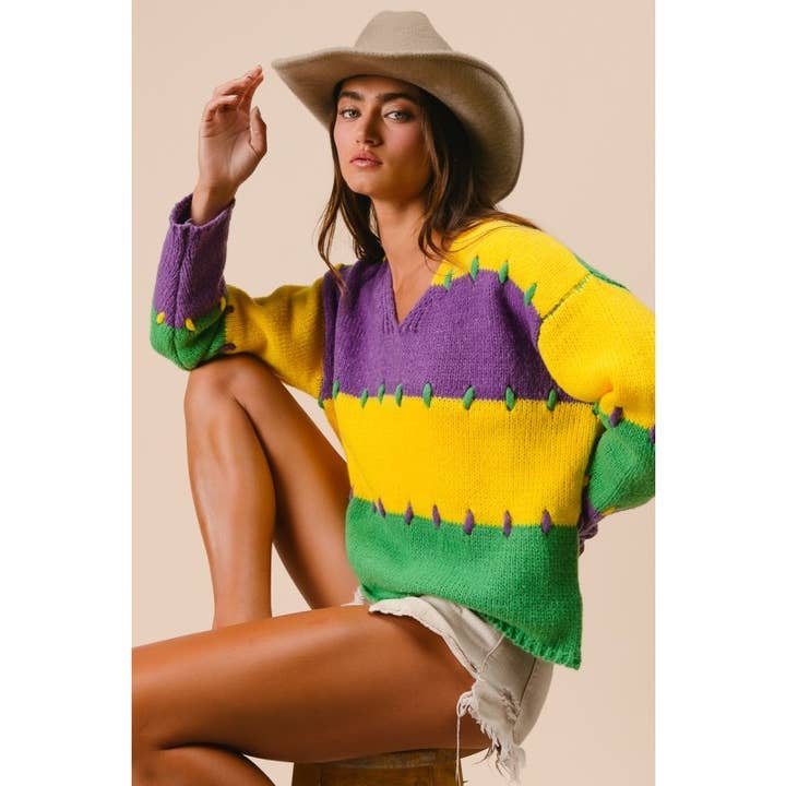 Stitch Detail Mardi Gras Color Block Sweater