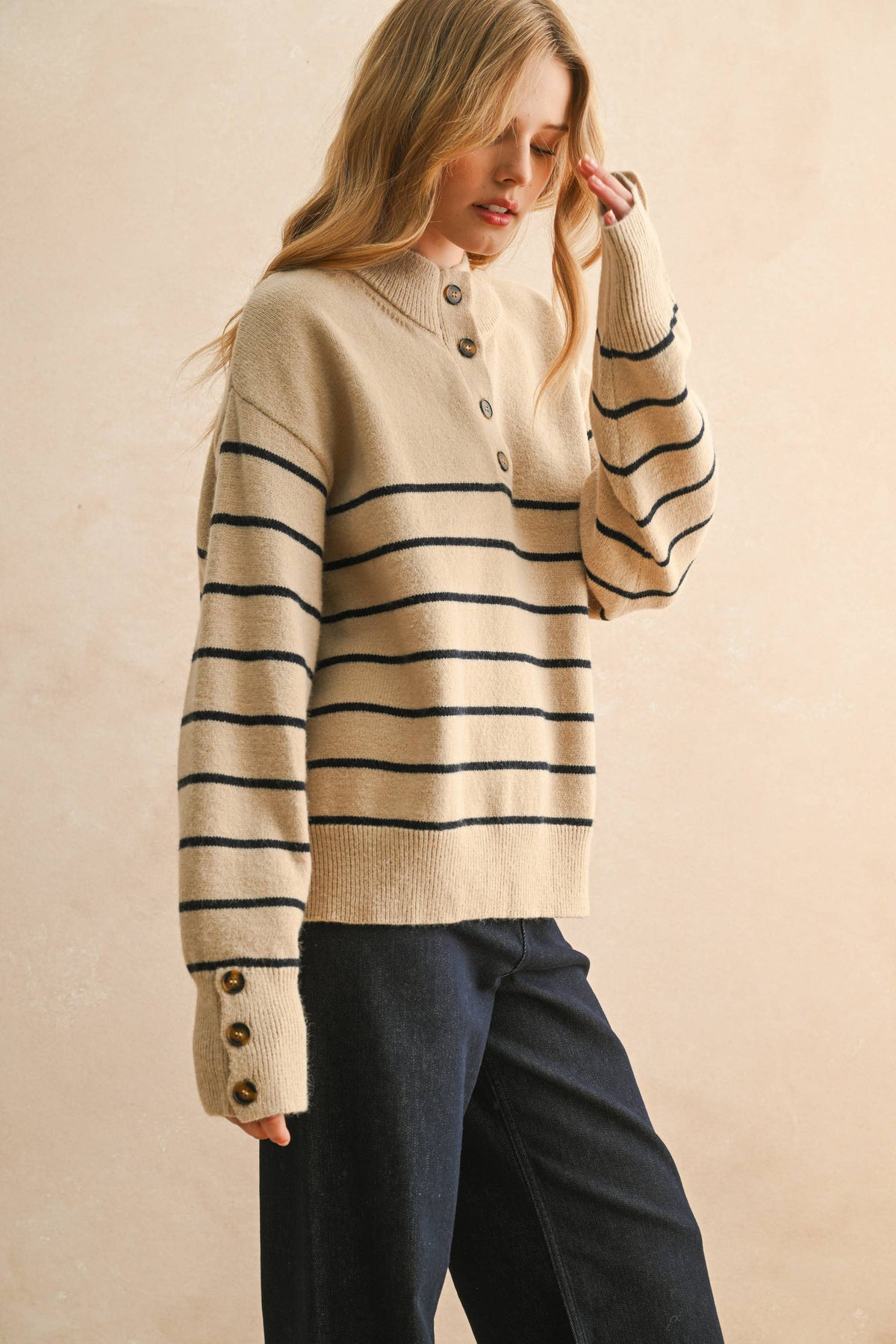black and tan striped sweater with buttons