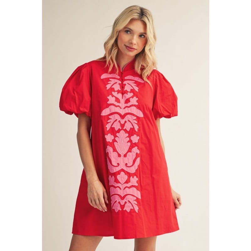 Style USA Pink Baroque Floral Applique Detail on Solid Red Shift Dress - Little Miss Muffin Children & Home
