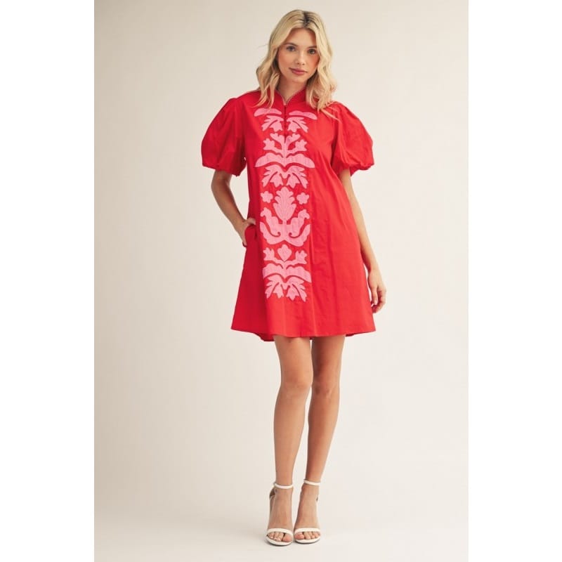 Style USA Pink Baroque Floral Applique Detail on Solid Red Shift Dress - Little Miss Muffin Children & Home