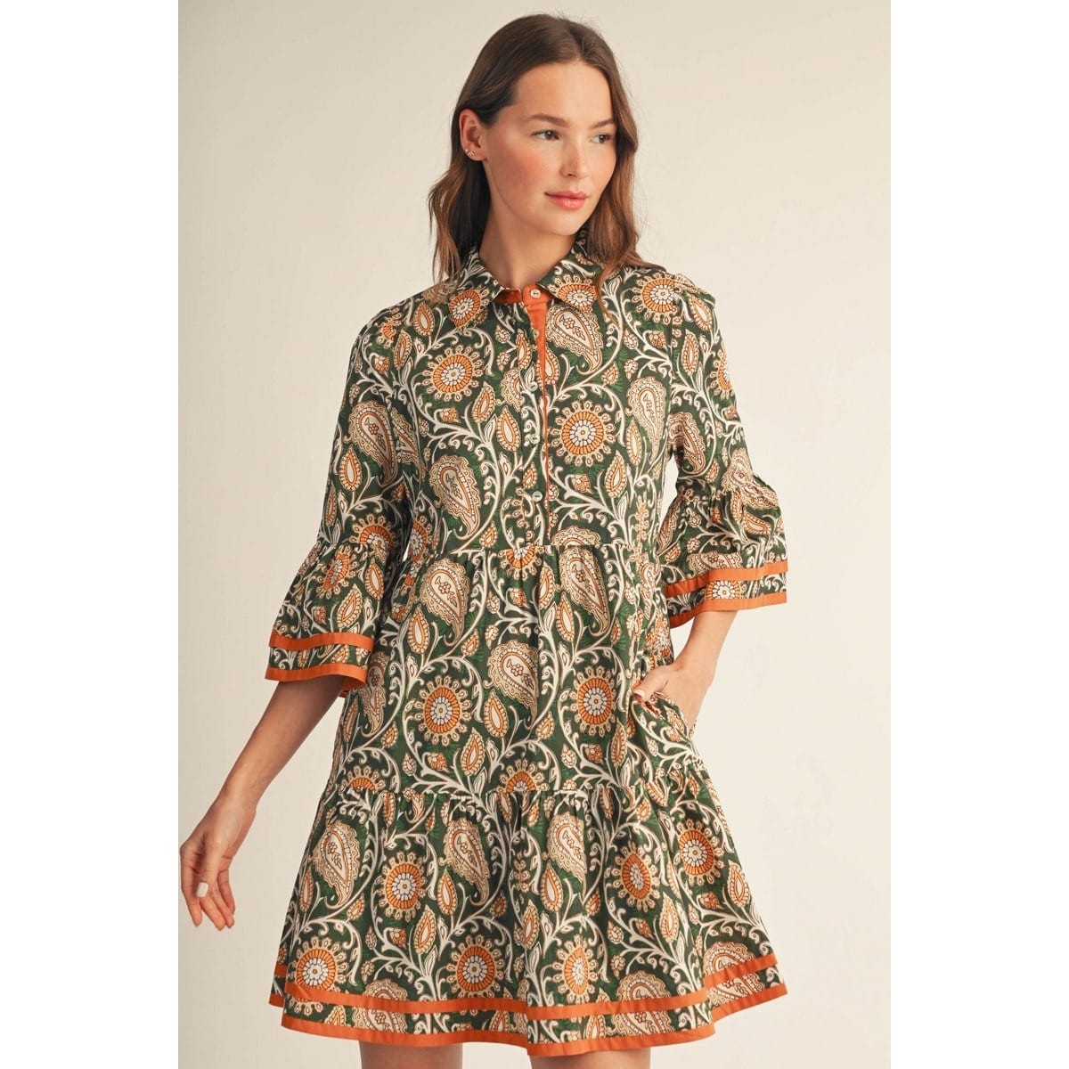 Style USA Hunter Green Paisley Floral Dress with Bell Sleeves - Little Miss Muffin Children & Home