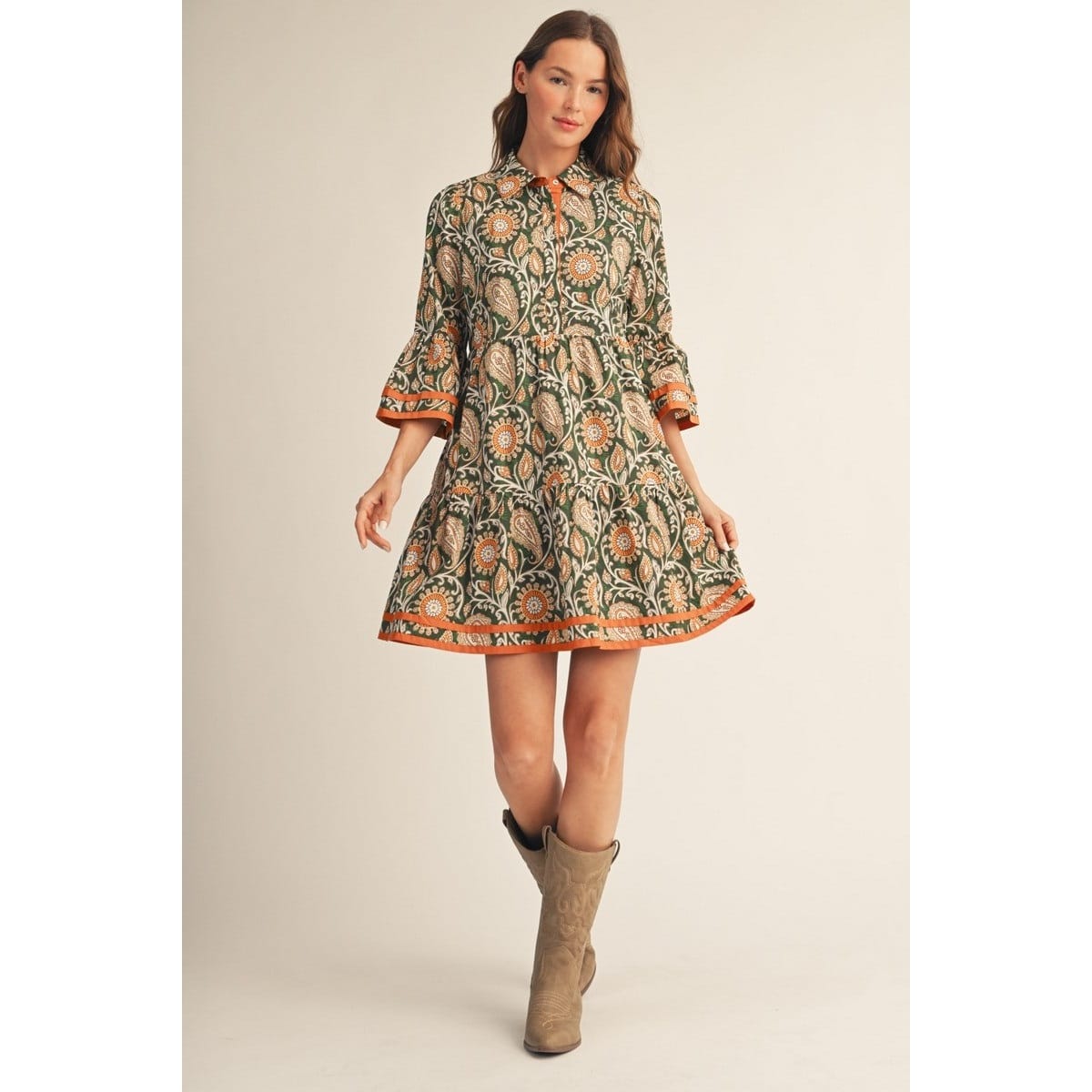Style USA Hunter Green Paisley Floral Dress with Bell Sleeves - Little Miss Muffin Children & Home