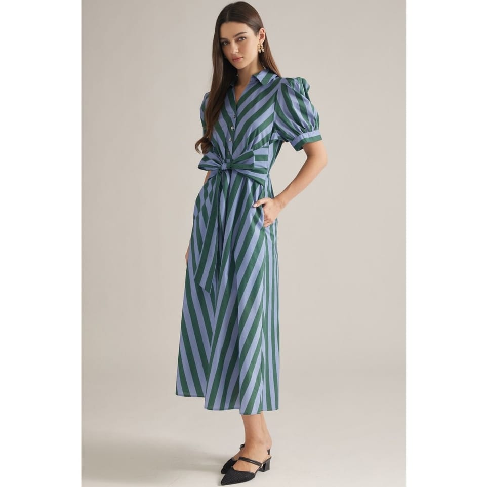 Style USA Hunter Green & Blue Stripe Cotton Midi Dress - Little Miss Muffin Children & Home