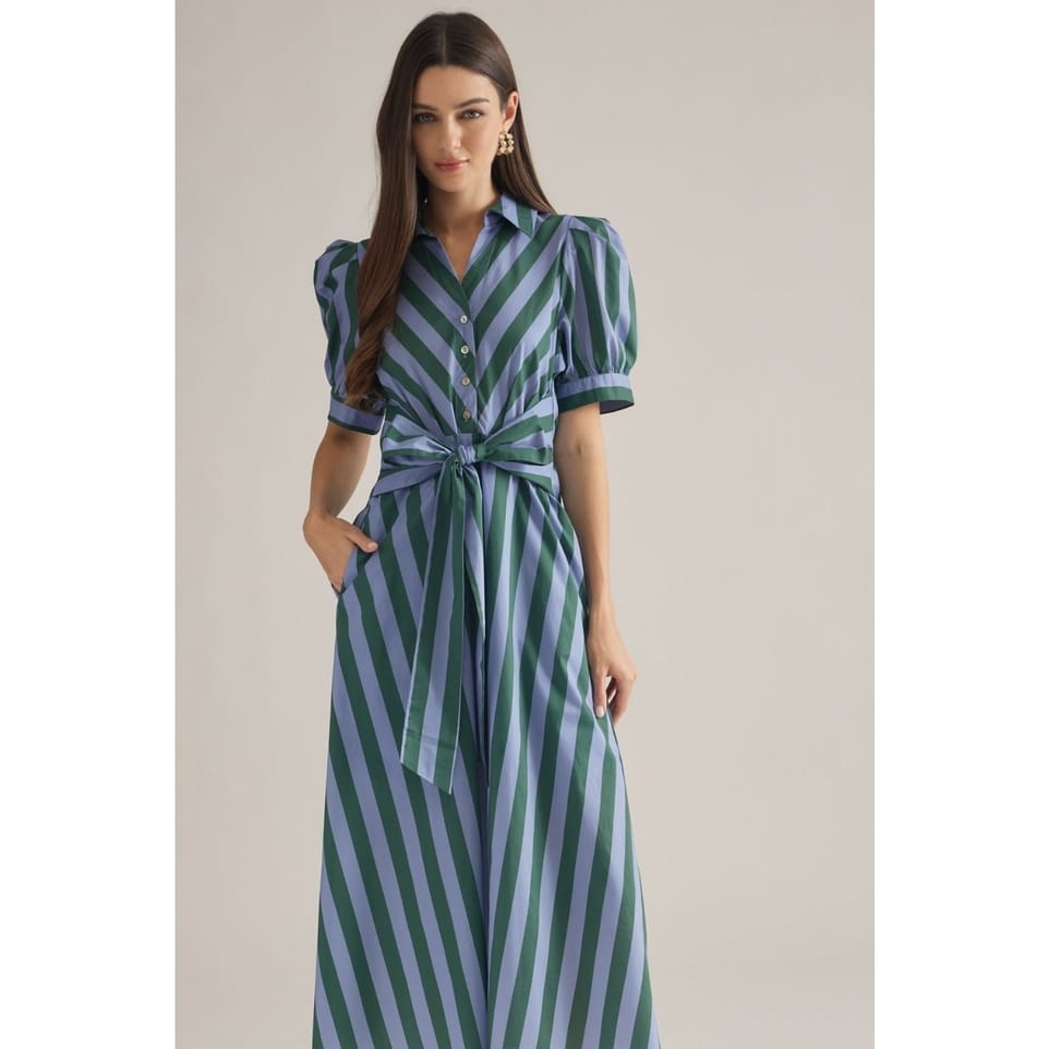 Style USA Hunter Green & Blue Stripe Cotton Midi Dress - Little Miss Muffin Children & Home