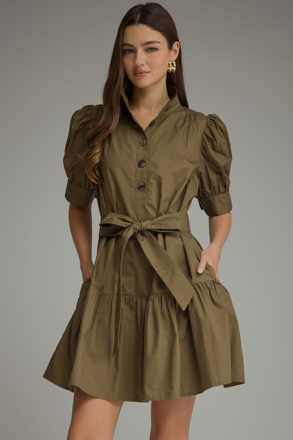 Style USA Olive Puff Sleeve Tiered Mini Dress with Pockets - Little Miss Muffin Children & Home
