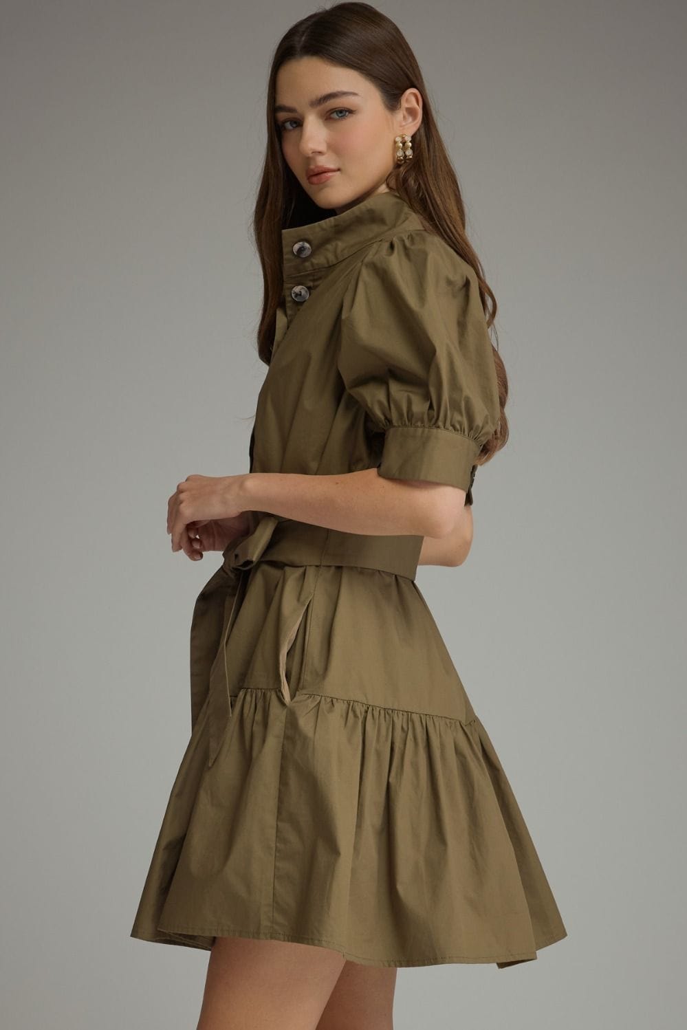 Style USA Olive Puff Sleeve Tiered Mini Dress with Pockets - Little Miss Muffin Children & Home