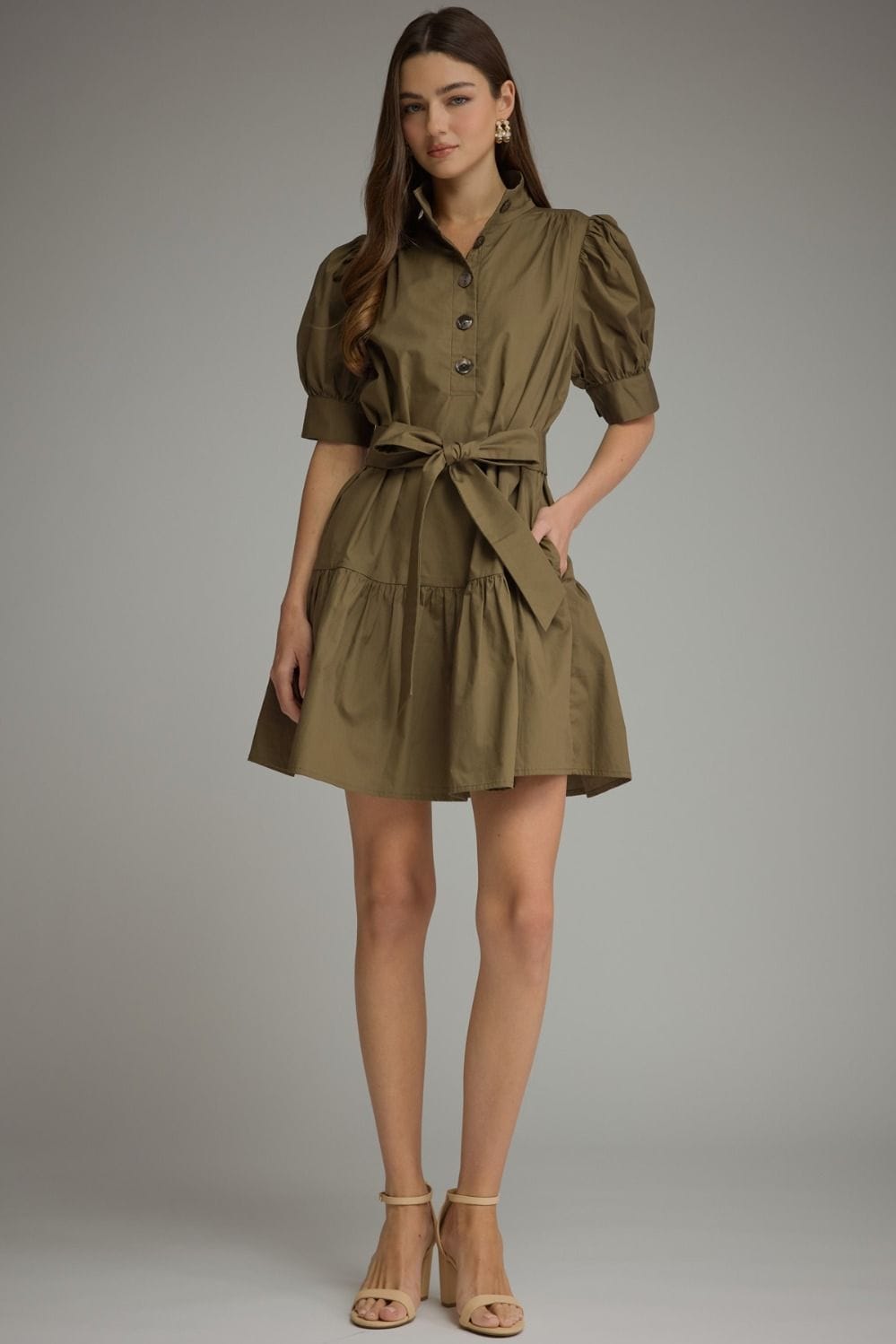 Style USA Olive Puff Sleeve Tiered Mini Dress with Pockets - Little Miss Muffin Children & Home