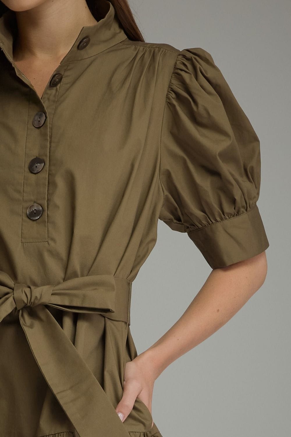 Style USA Olive Puff Sleeve Tiered Mini Dress with Pockets - Little Miss Muffin Children & Home