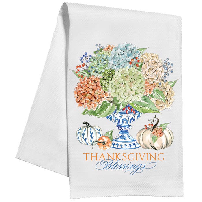 Thanksgiving Blessing Hydrangeas Chinoiserie Kitchen Towel