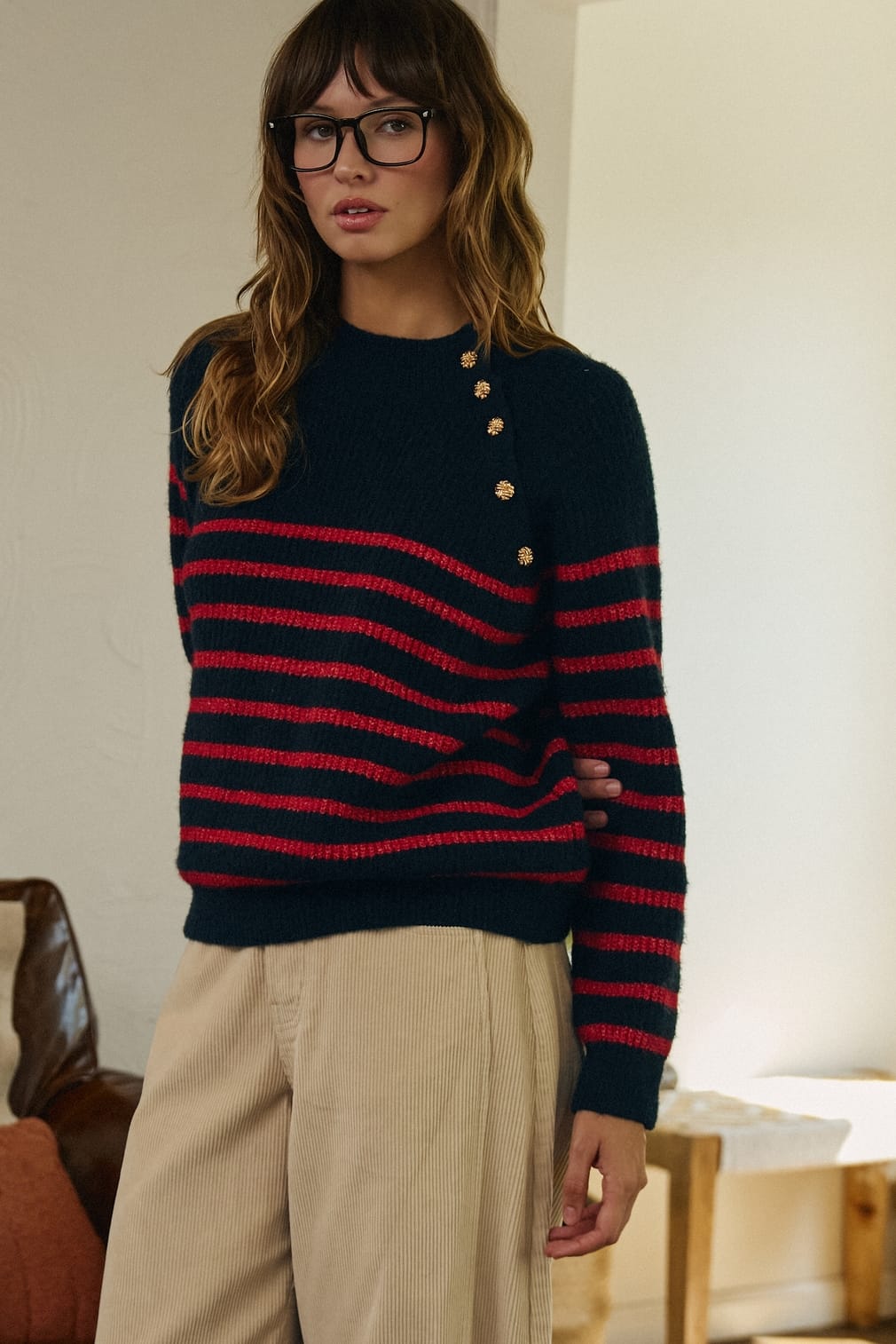 Urban Daizy Urban Daizy Women’s Red/Navy Striped Mock Neck Sweater with Gold Buttons - Little Miss Muffin Children & Home