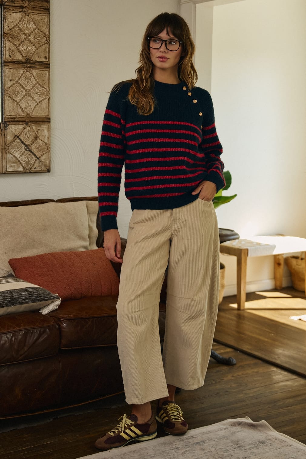 Urban Daizy Urban Daizy Women’s Red/Navy Striped Mock Neck Sweater with Gold Buttons - Little Miss Muffin Children & Home