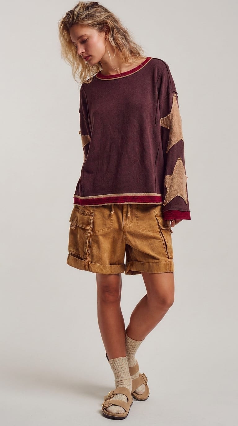 Urban Daizy Urban Daizy Women’s Brown Star Patch Slouchy Knit Top with Raw Seams - Little Miss Muffin Children & Home