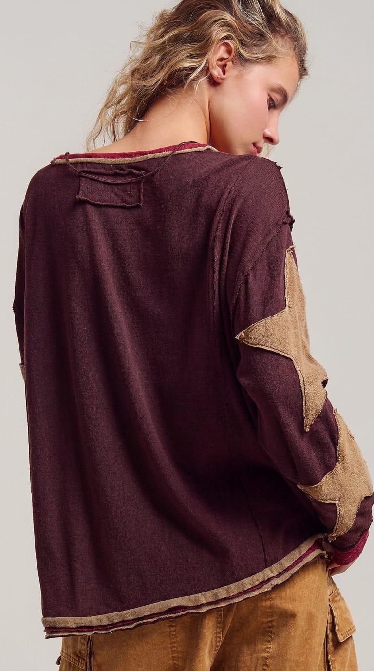 Urban Daizy Urban Daizy Women’s Brown Star Patch Slouchy Knit Top with Raw Seams - Little Miss Muffin Children & Home