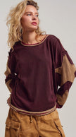 Urban Daizy Urban Daizy Women’s Brown Star Patch Slouchy Knit Top with Raw Seams - Little Miss Muffin Children & Home