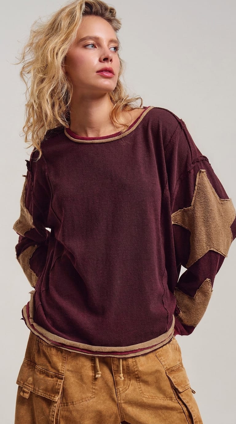 Urban Daizy Urban Daizy Women’s Brown Star Patch Slouchy Knit Top with Raw Seams - Little Miss Muffin Children & Home