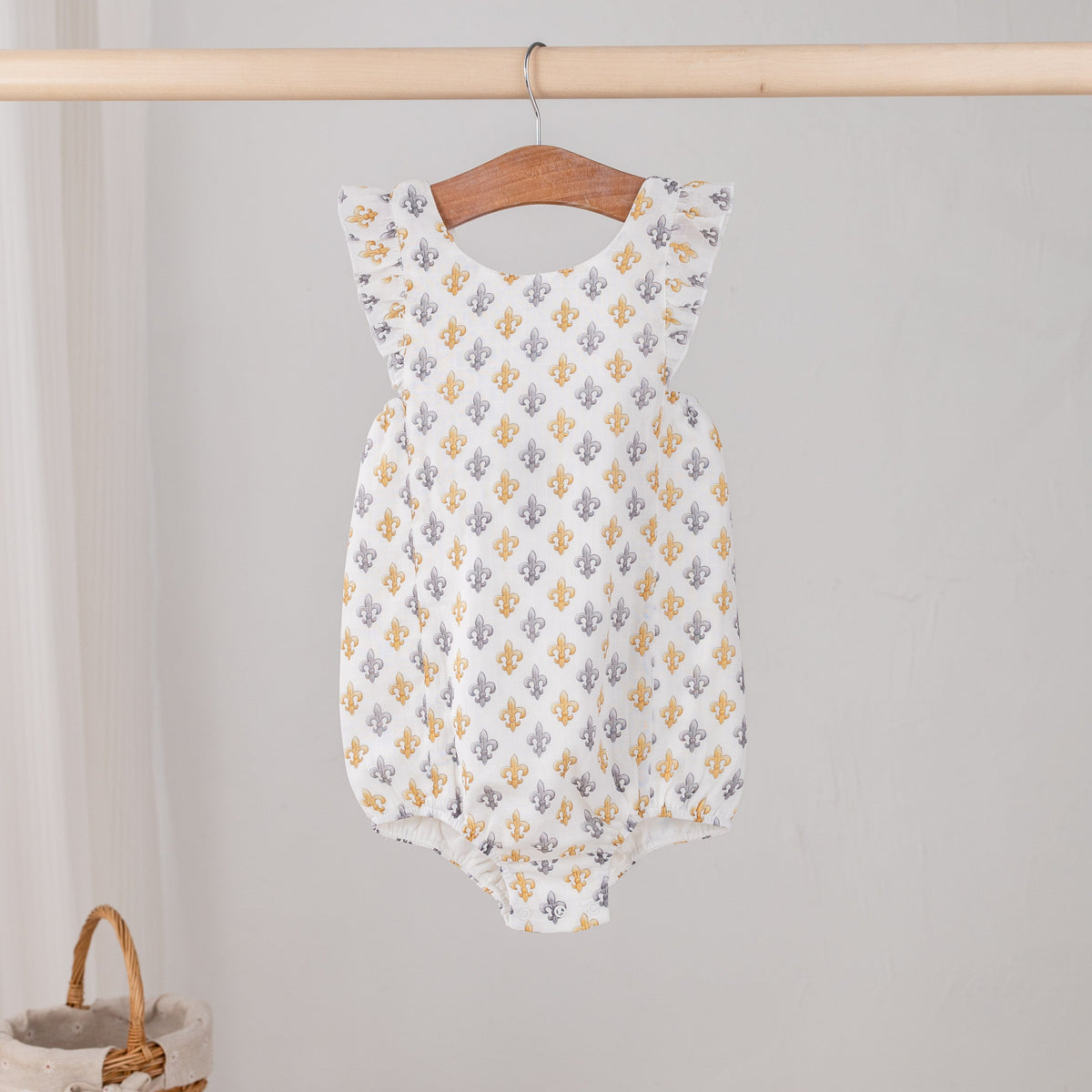 Nola Tawk Black and Gold Fleur de Lis Organic Muslin Bubble Romper - Little Miss Muffin Children & Home