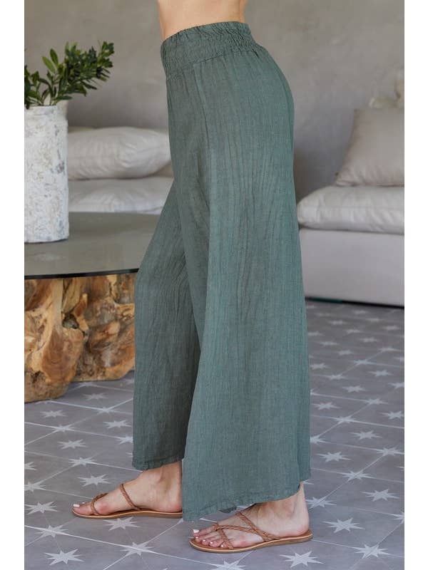 Milio Milano Linen Smocked Waist Palazzo Pants in Army Green - Little Miss Muffin Children & Home