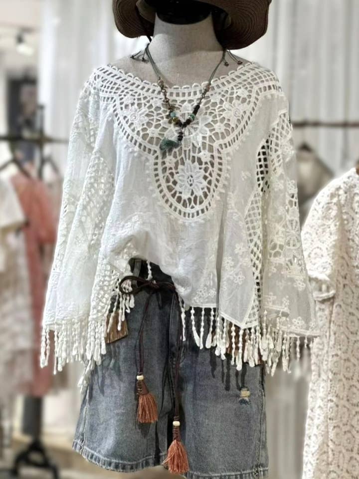 Rosa Clothing Bohemian Crochet Lace Poncho with Fringe - Little Miss Muffin Children & Home