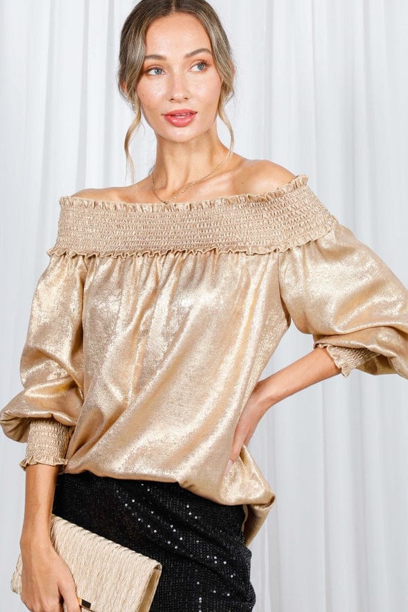 Vine & Love Vine & Love Smocked Off-the-Shoulder Metallic Blouse in Gold - Little Miss Muffin Children & Home