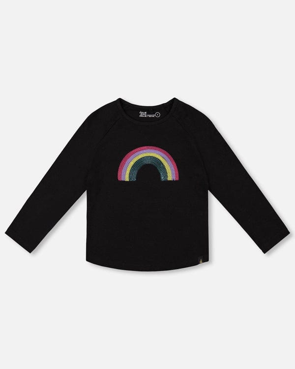 Black long-sleeve shirt with a colorful rainbow design 