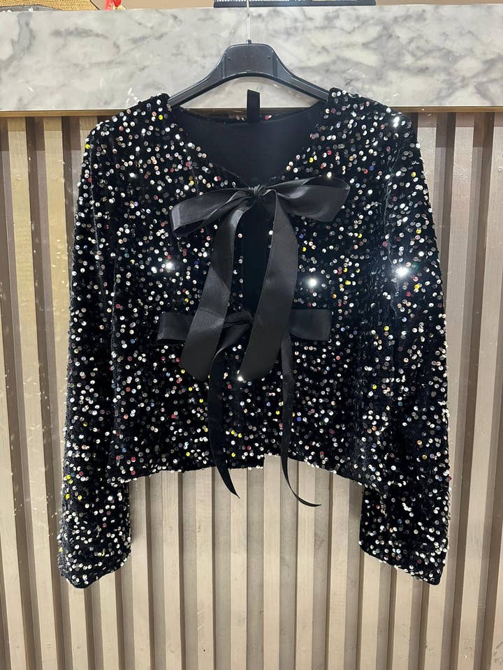 black sequin bow top for holidays