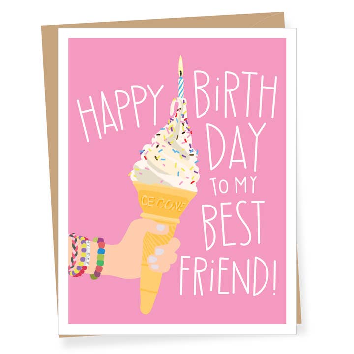 Greeting card with an ice cream cone and text 'Happy Birthday to my best friend!' on a pink background.