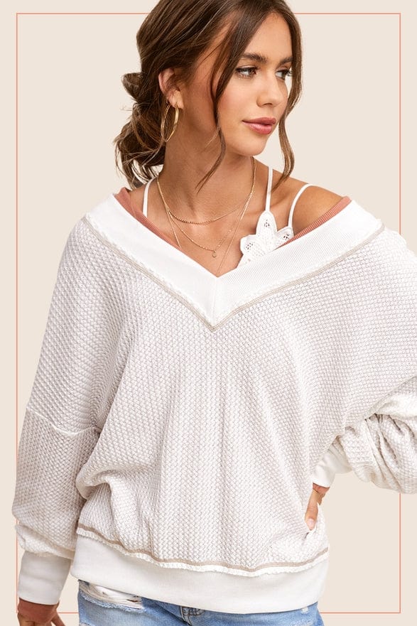 La Miel La Miel Deep V-Neck Long Sleeve Waffle Top in White - Little Miss Muffin Children & Home