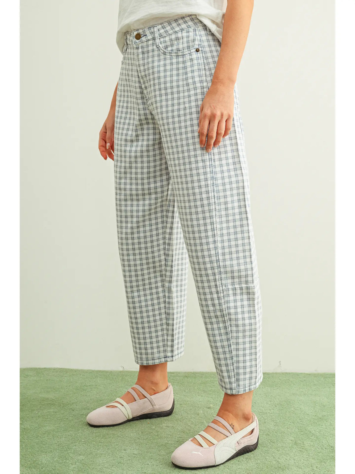 Miou Muse Mini Check Barrel Pants in Blue - Little Miss Muffin Children & Home
