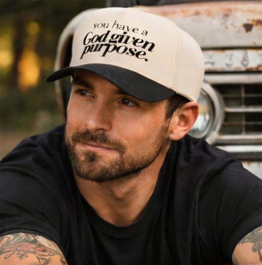 Whereable Art God Given Purpose Cream Trucker Hat with Black Bill - Little Miss Muffin Children & Home