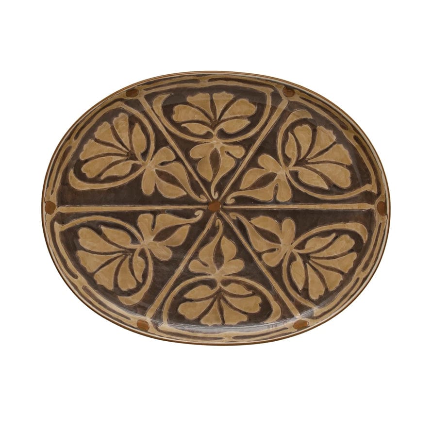 Creative Co-op Creative Co-op Oval Hand-Painted Stoneware Platter with Pattern, Brown - Little Miss Muffin Children & Home