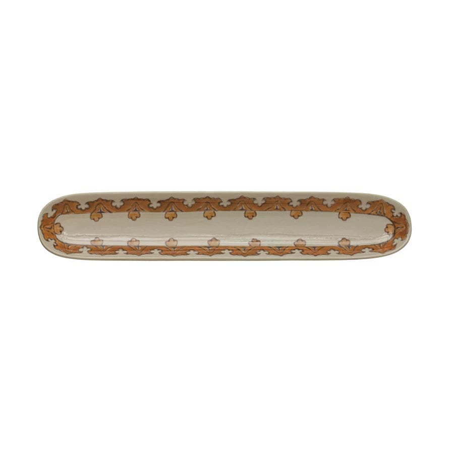 Creative Co-op Creative Co-op Oval Hand-Painted Stoneware Pattern Tray, Brown - Little Miss Muffin Children & Home