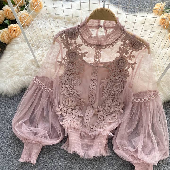 Rosa Clothing Sheer Vintage Mesh Balloon Sleeve Top with Cami in Coral - Little Miss Muffin Children & Home