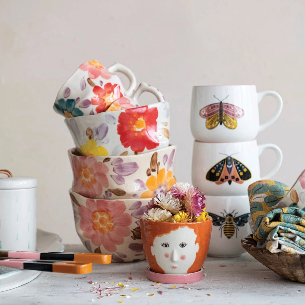 Creative Co-Op Creative Co-op 12 oz. Stoneware Mug with Insect & Colored Rim - Little Miss Muffin Children & Home