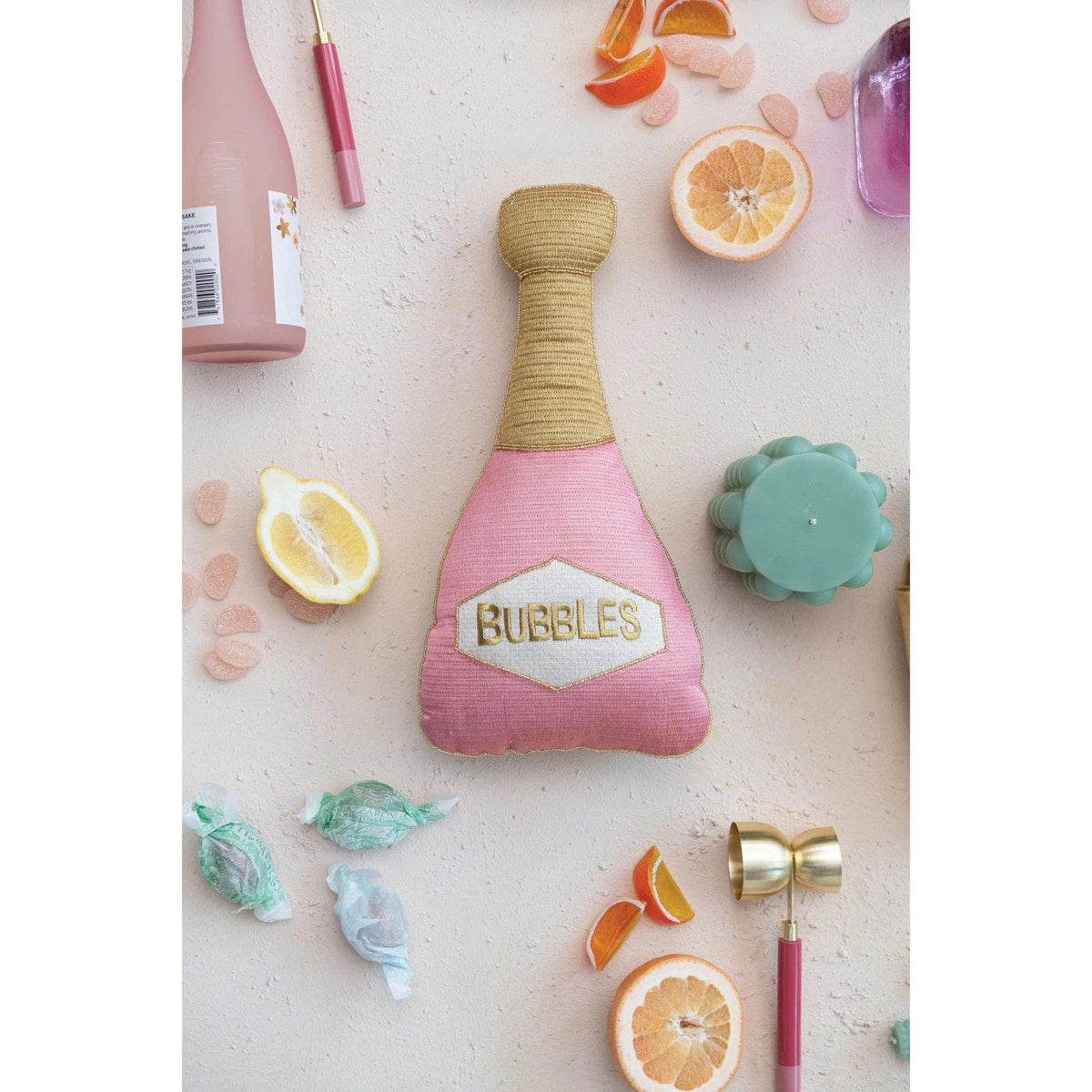 Creative Co-op Creative Co-op Cotton Champagne Bottle Shaped Throw Pillow with  "BUBBLES" Embroidery, Pink & Gold - Little Miss Muffin Children & Home