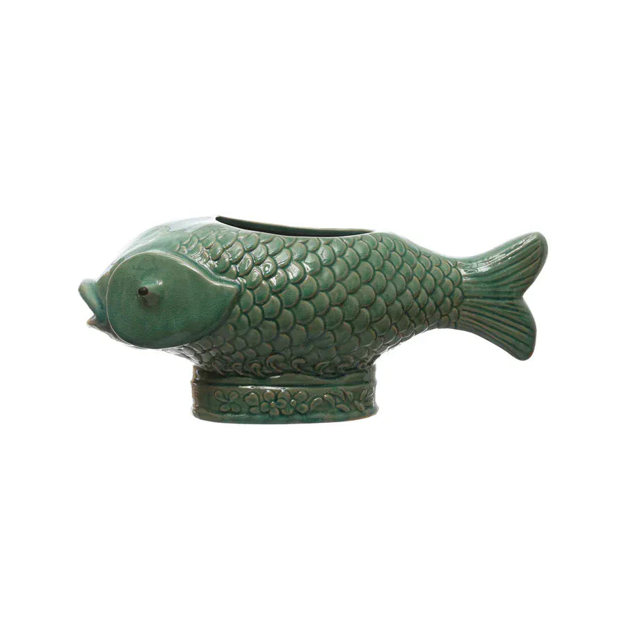 Turquoise Reactive Glaze Embossed Stoneware Fish-Shaped Planter
