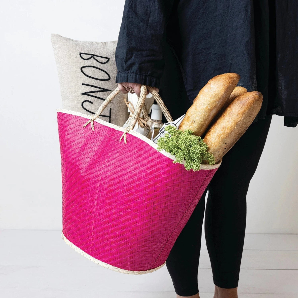 Creative Co-op Palm Leaf Tote, Pink & Natural - Little Miss Muffin Children & Home