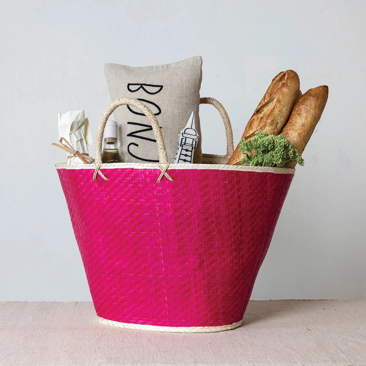 Creative Co-op Palm Leaf Tote, Pink & Natural - Little Miss Muffin Children & Home