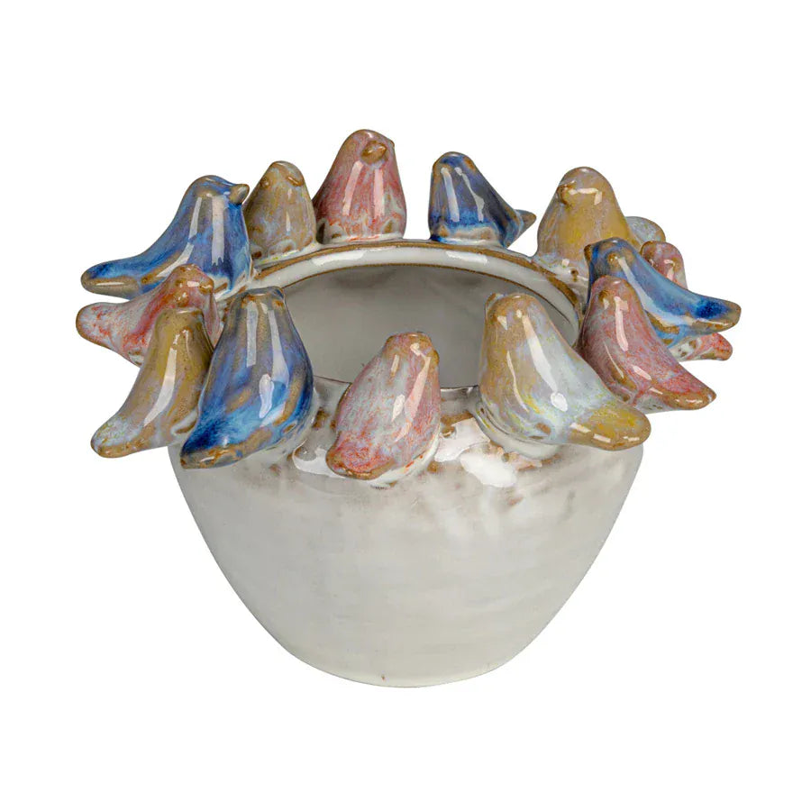 Reactive Glaze Stoneware 3D Birds on Rim Planter
