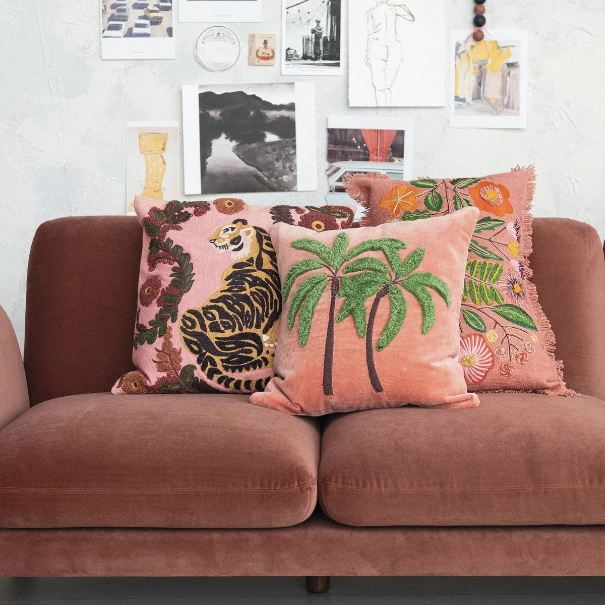 Creative Co-op Creative Co-op 20" Square Cotton Slub Pillow with Embroidered Tiger & Flowers - Little Miss Muffin Children & Home