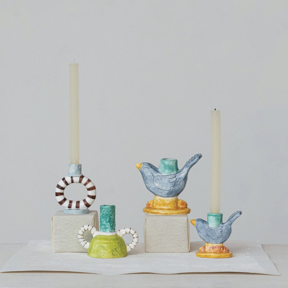 Creative Co-op Hand-Painted Stoneware Ring Taper Holder with Stripes (Each One Will Vary) - Little Miss Muffin Children & Home