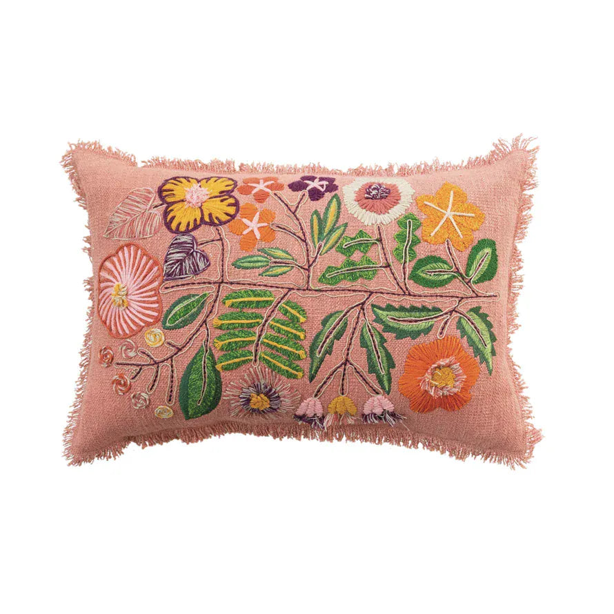 Cotton Lumbar Pillow with Embroidered Flowers & Eyelash Fringe