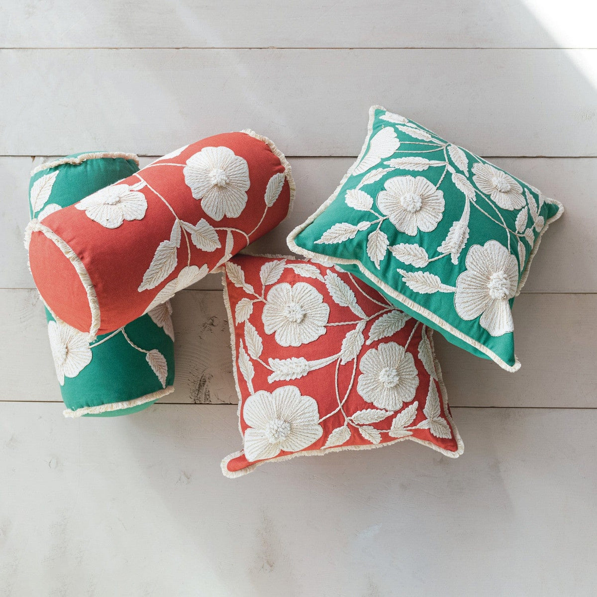 Creative Co-op Cotton Bolster Pillow with Embroidered Flowers & Fringe, 2 Available Colors - Little Miss Muffin Children & Home