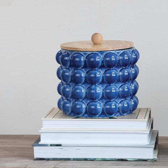 Creative Co-op Stoneware Canister with Raised Dots & Wood Lid (Each Will Vary) - Little Miss Muffin Children & Home