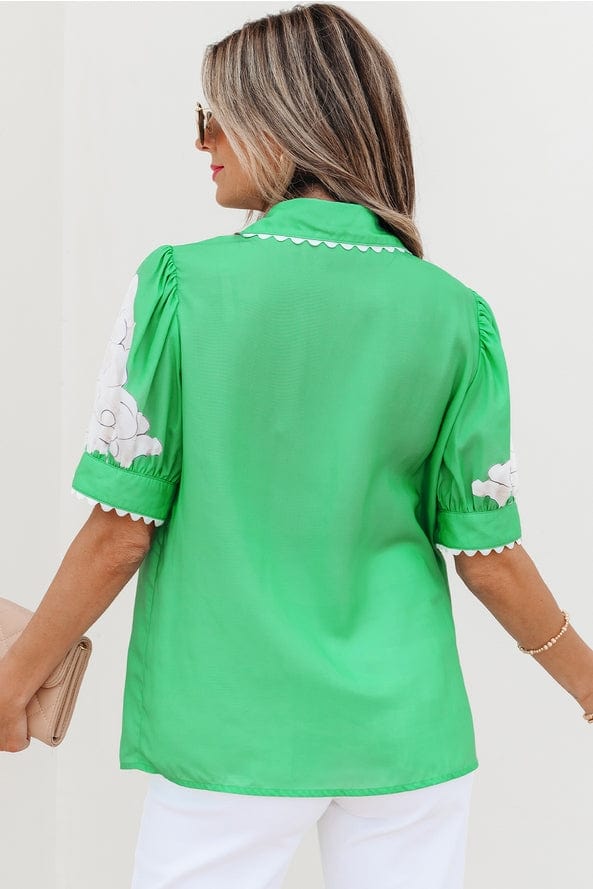 Aapparella Floral Ric Rac Edge Puff Sleeve Button Up Top in Green - Little Miss Muffin Children & Home