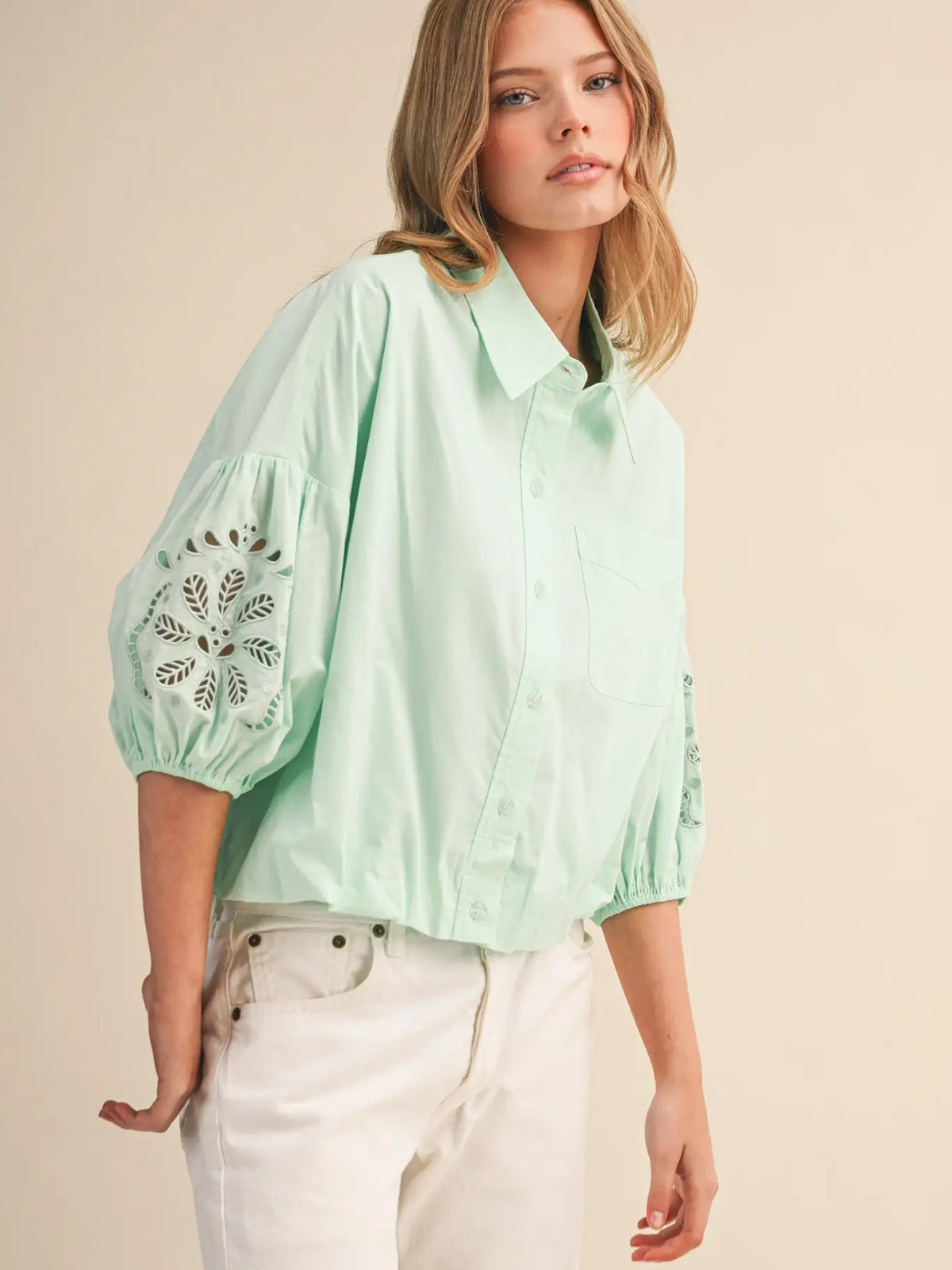 &merci Eyelet Embroidered Puffy Sleeve Button Dow Top in Jelly Mint - Little Miss Muffin Children & Home
