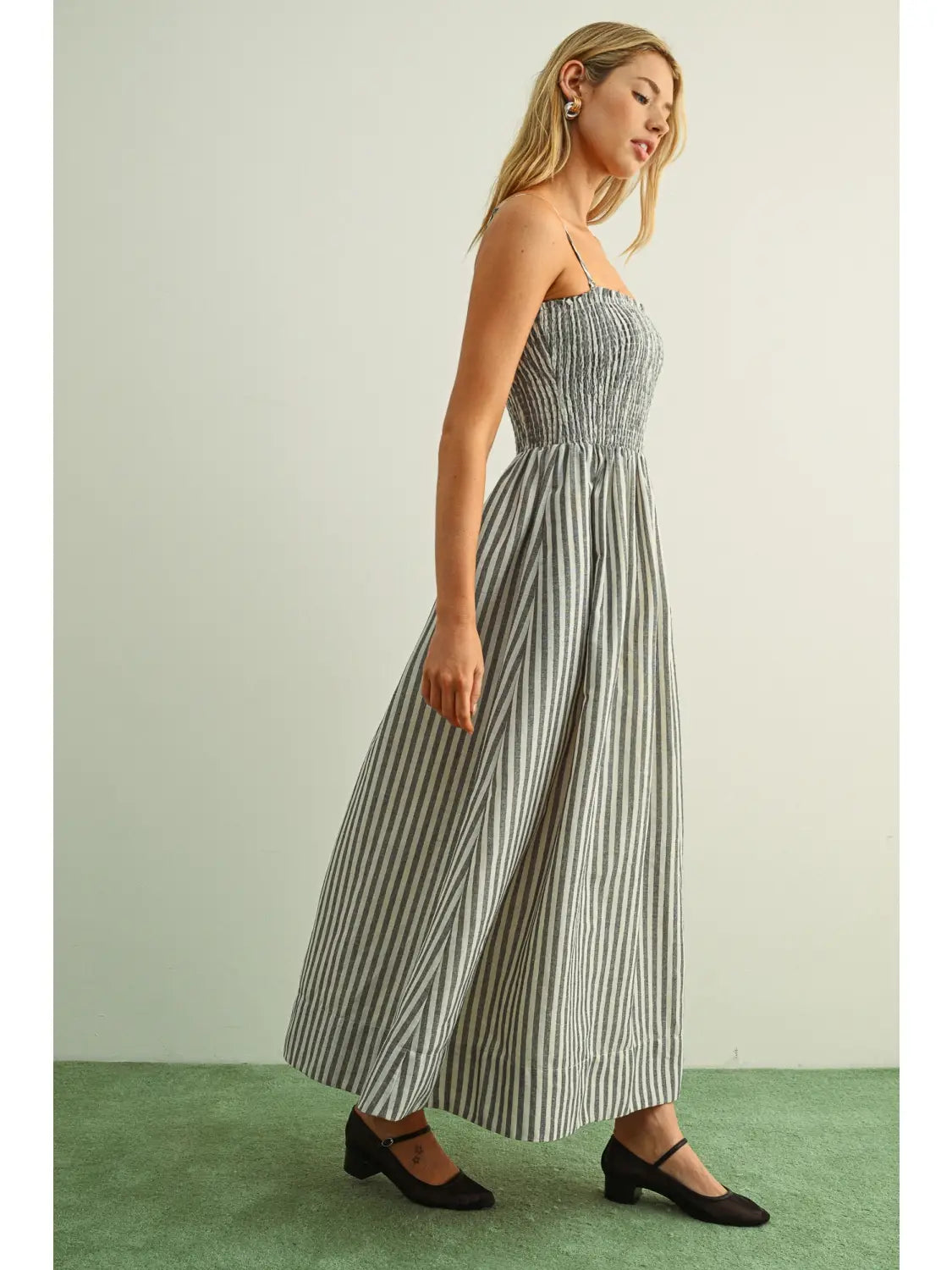 Miou Muse Striped Smocked Bodice Maxi Dress in Black - Little Miss Muffin Children & Home