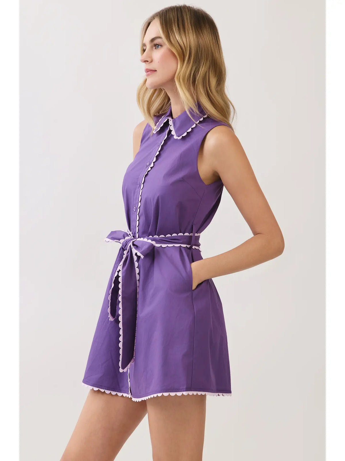 TCEC Scallop Trim Sleeveless Mini Shirt Dress with Sash Belt - Little Miss Muffin Children & Home