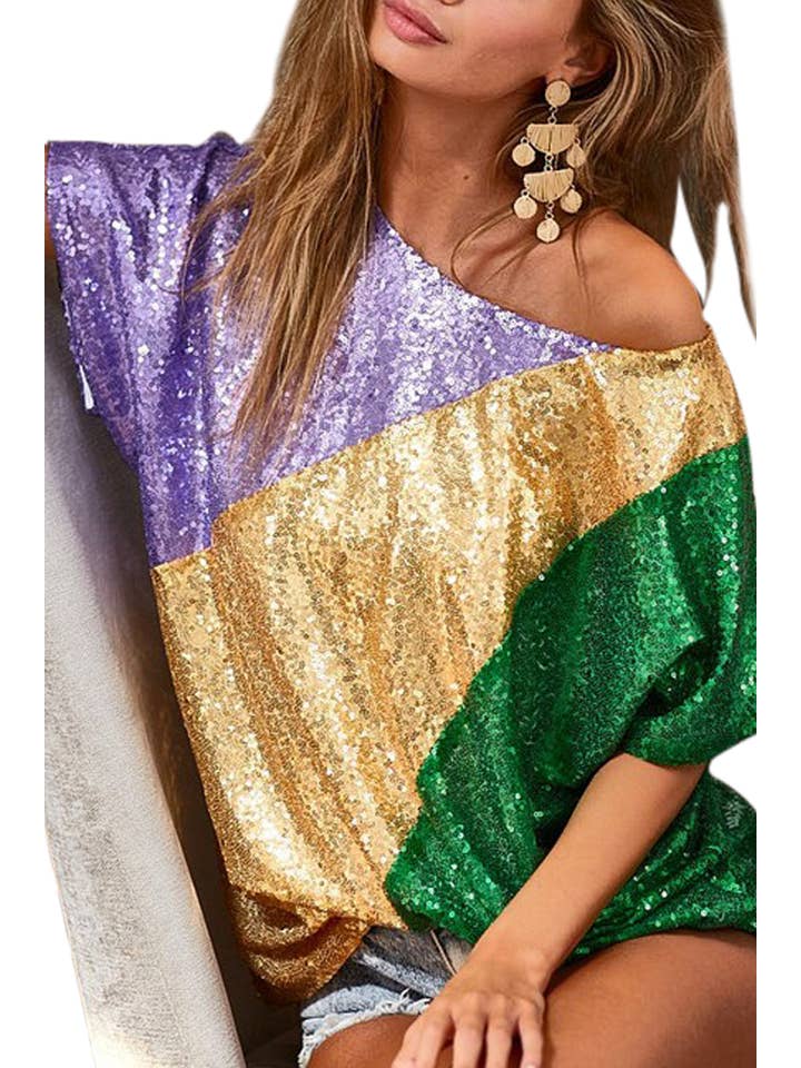 off the shoulder mardi gras sequin top