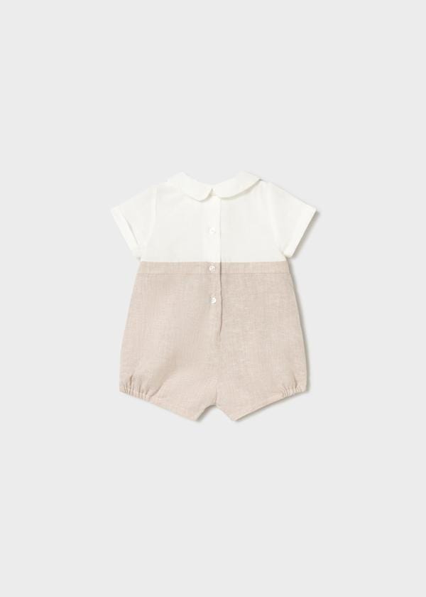 Mayoral Usa Inc Newborn Dressy Linen Button Back Romper in Wheat - Little Miss Muffin Children & Home